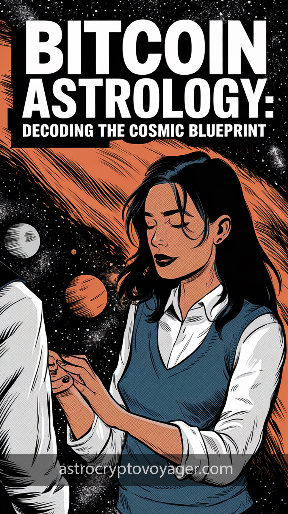 Comic book style, black and white with orange accents: Text on the image: "Bitcoin Astrology Decoding the Cosmic Blueprint"